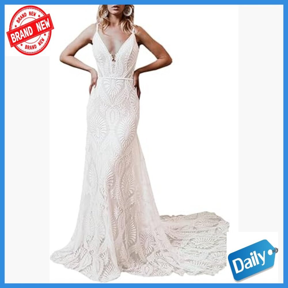 Plus Size Lace Mermaid Wedding Dress with Long Sleeves Boho Beach Bridal Gown